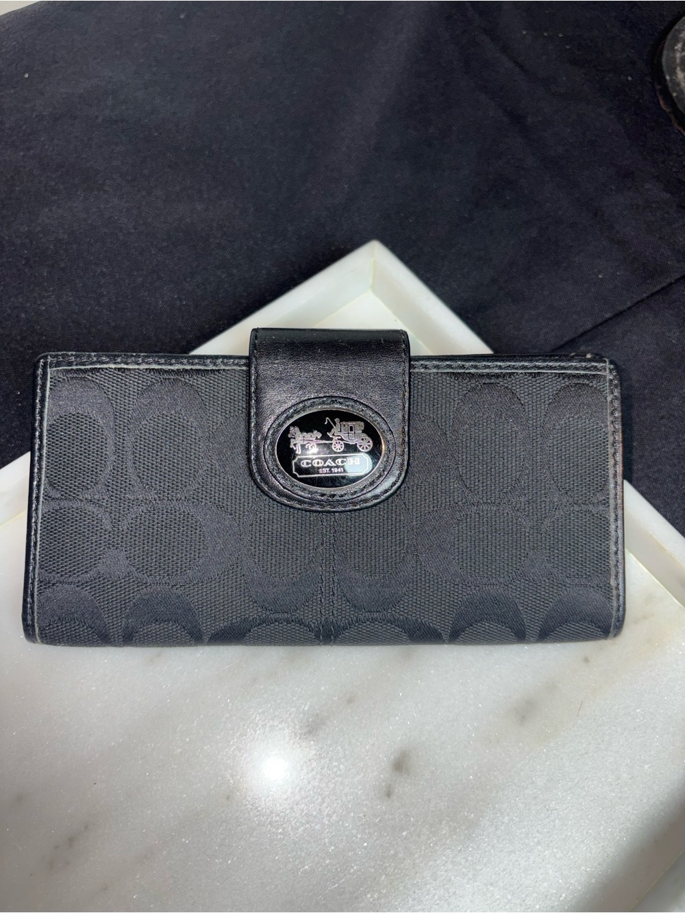 COACH Black Signature C Canvas Snap Card Holder Wallet